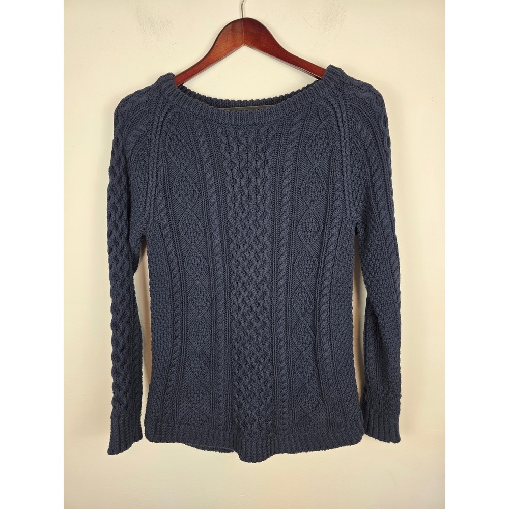 LL Bean Signature Fisherman Navy‎ Blue Cable Knit Cotton l Sweater XS